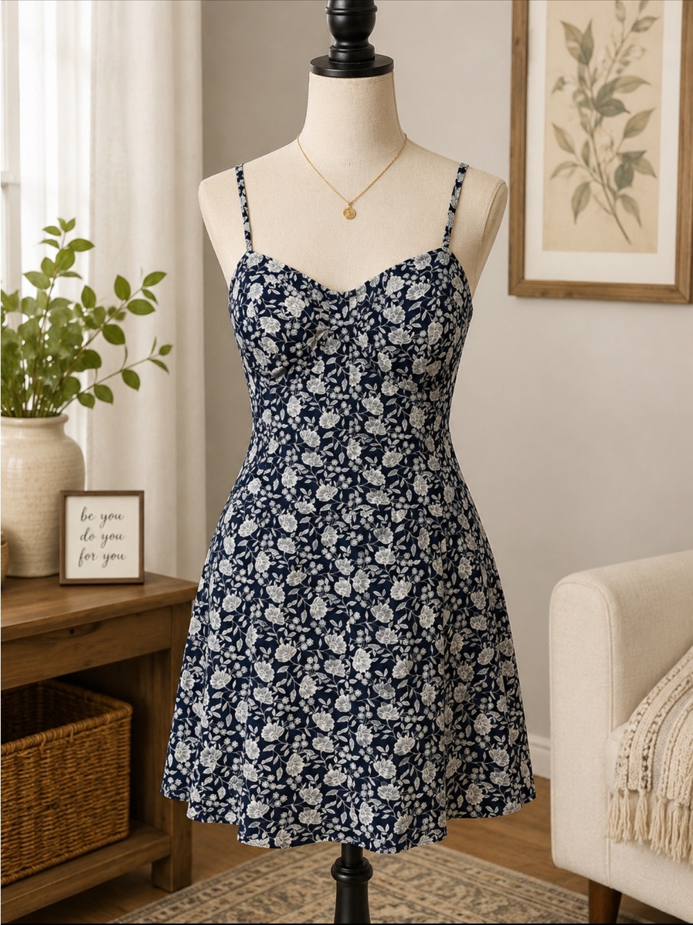 Lily Rose Navy & White Floral Sweetheart Mini Dress
